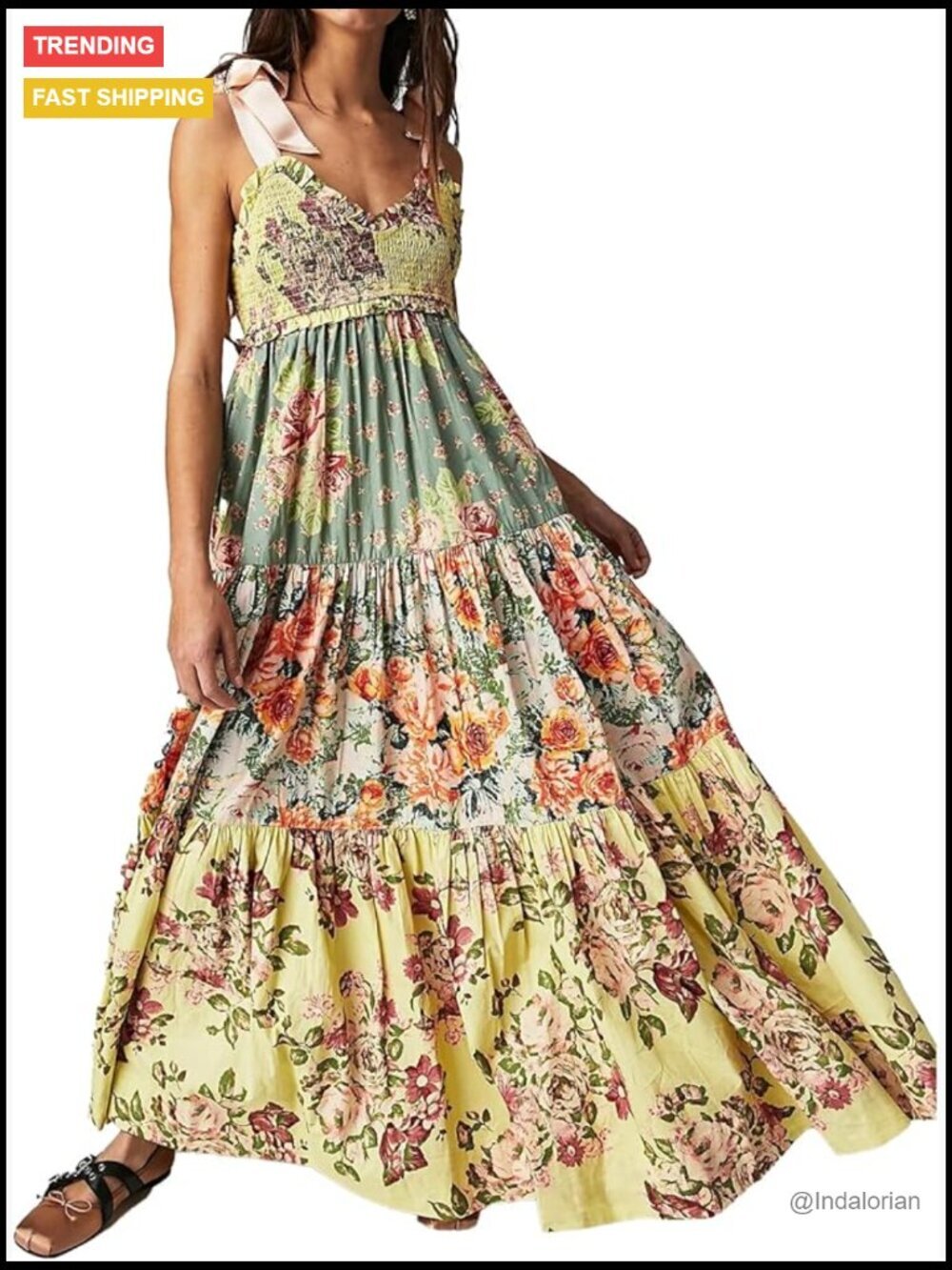Floral Maxi Dress with Pockets Smocked Bodice Adjustable Tie Shoulder - Picture 1 of 6